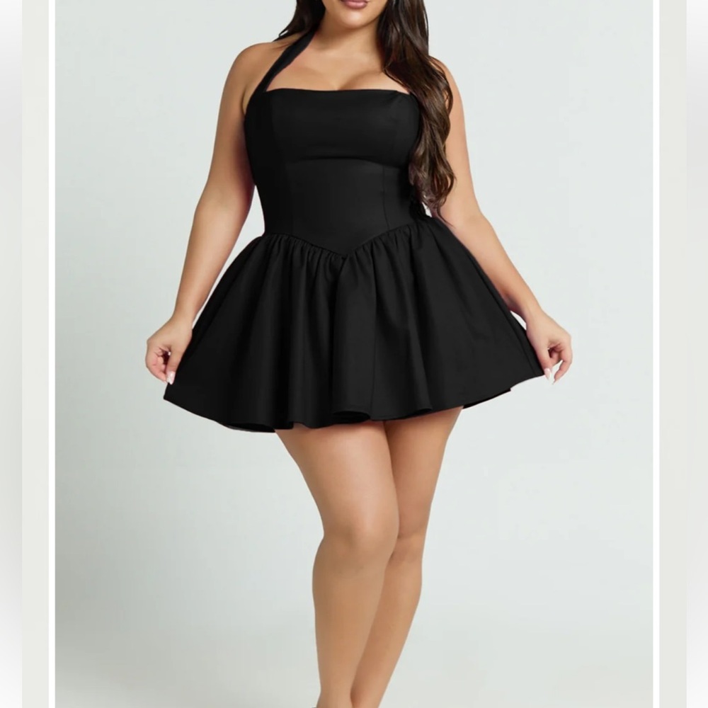 Showpo Helda mini dress Black Halter tie neck corset panel Dress size 14 NEW